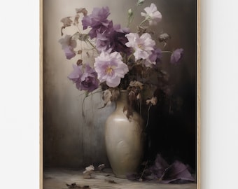 Moody Vintage Purple Flower Print, Dark Floral Oil Painting, Digital Antique Art, Dark and Moody Digital Art, Romantic Floral Printable