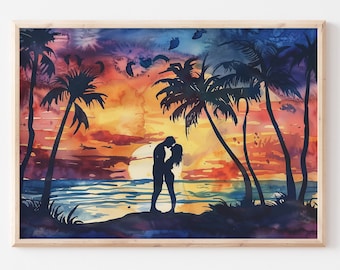 Romantic Summer Sunset Digital Print Couple Beach Romance Printable Coastal Sunrise Wall Art Vintage Love Downloadable Art Valentines Decor