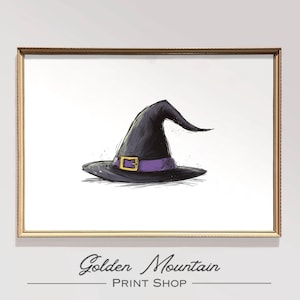Colorful Witch Hat Digital Print, Halloween Wall Art, Ink Sketch Style, Printable Witch Decor, Black Magic Illustration, Spooky Season Decor