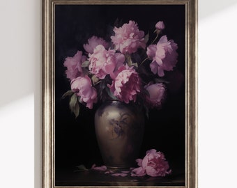 Moody Pink Peony Flower Digital Print Dark Gothic Floral Bouquet Printable Dark Academia Still Life Flower Oil Painting Romantic Wall Decor