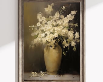 Vintage Moody Dark Yellow Flower Print, Dark Academia Botanical Wall Art, Floral Still Life Oil Painting, Printable Digital Art Download