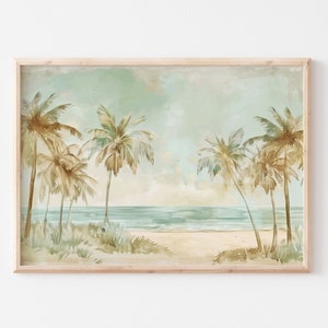 Neutral Palm Trees Digital Print Summer Tropical Beach Watercolor Painting Ocean Landscape Wall Decor Vintage Coastal Seascape Printable Art