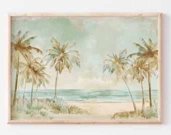 Neutral Palmen Digitaldruck Sommer tropisch Strand Aquarell Malerei Ozean Landschaft Wand Dekor Vintage Küstenlandschaft druckbare Kunst