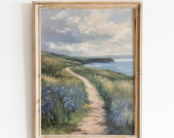 Stimmungsvolles blaues Wildblumenfeld an der Küste, Bauernhaus-Sommerstranddruck, Vintage-Blumenlandschaftsmalerei, Frühlingsseeblumen-Wandkunst