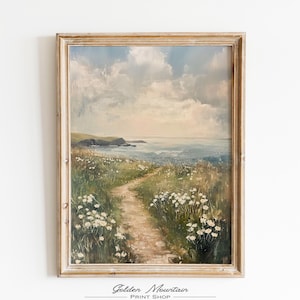 Coastal White Wildflower Painting, Summer Vintage Beach Farmhouse Digital Print, Moody Floral Landscape, Flower Field Spring Sea Wall Art