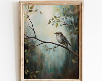 Spring Bird Floral Wall Art, Neutral Summer Trees Digital Print, Antique Farmhouse Flower Nature Decor, Vintage Spring Holiday Gift