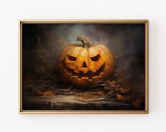 Decoración de Halloween vintage, arte de pared con Jack O Lantern, pintura de calabaza, arte rústico otoñal, arte de pared vintage de Halloween, arte espeluznante con Jack O Lantern