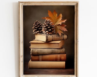 Decoración de otoño rústico Arte de la pared Libro Arte Naturaleza muerta Imprimible Vintage Otoño Impresión Pintura al óleo Academia oscura Impresión de la pared Decoración de Acción de Gracias