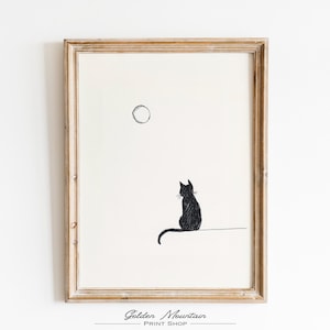 Minimalist Black Cat Moon Art Digital Prints, Ink Sketch Autumn Night Print Downloadable, Halloween Digital Decor, Fall Wall Art Painting