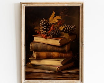 Decoración de otoño rústico Arte de la pared Libro Arte Naturaleza muerta Imprimible Vintage Otoño Impresión Pintura al óleo Academia oscura Impresión de la pared Decoración de Acción de Gracias