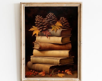 Vintage Moody Otoño Impresión Pared Arte Libro Arte Naturaleza Muerta Imprimible Pintura al óleo Rústica Otoño Decoración Oscura Academia Impresión de pared Decoración de Acción de Gracias