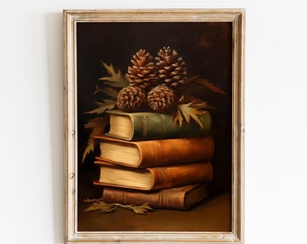 Arte de libro de otoño rústico Dark Academia, naturaleza muerta, decoración imprimible, arte de pared, impresión vintage de otoño, pintura al óleo, impresión de pared, decoración de Acción de Gracias