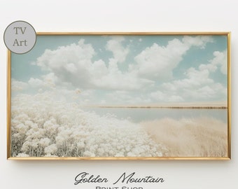 Cloudy Spring Wildflower TV Art, Neutral Landscape, Farmhouse Flower TV Art, Vintage Spring Frame TV Art, Spring Cloud Art Sky Floral Tv Art