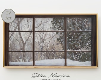 Könnte beinhalten: Gerahmter Kunstdruck einer Winterlandschaft, die durch ein Fenster betrachtet wird. Das Fenster hat einen dunkelbraunen Rahmen und einen goldenen Rand. Die Winterlandschaft zeigt schneebedeckte Bäume und einen schneebedeckten Boden. Der Druck trägt den Text "Golden Mountain Print Shop".