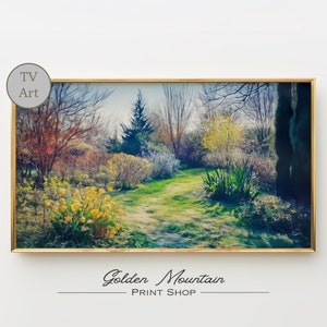 Vintage Frühlingsgarten Malerei, sofortiger digitaler Download, Frühling Rahmen TV Kunst, Landschaft Feld Druck, Ostern Rahmen Kunst, bunte Malerei