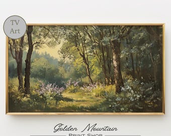 Humeurige lente boslandschap frame tv-kunst, vintage lentebloem schilderij, boerderij decor lente tv-kunst, bloemen tv-kunst digitale kunstafdruk