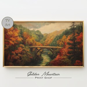 Autumn Moody Bridge Samsung Frame TV Art – Vibrant Fall Landscape Digital Download, Rustic Mountain River Scene, Cozy Nature Wall Decor