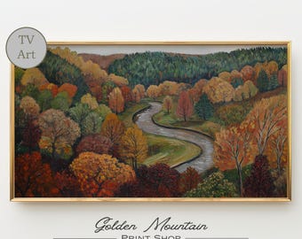 Moody River herfstlandschap Samsung lijst tv-kunst – impressionistische herfstbosscène, kleurrijke digitale download, gezellige seizoensmuurdecoratie