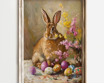 Easter Bunny Eggs Digital Print Floral Spring Wall Art Easter Rabbit Vintage Wall Art Spring Flowers Artwork Colorful Holiday Decor
