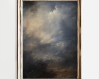 Moody Ocean Landscape, Vintage Storm Clouds Wall Art, Antique Sea Decor, Dark Coastal Digital Print,  Stormy Clouds Seascape Wall Decor