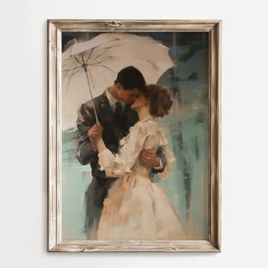ムーディなロマンチックなカップルのアート、ヴィンテージの雨のデジタルプリント、雨の日の壁アート、バレンタインデーの装飾、キスをするカップルの絵画、デジタルダウンロード