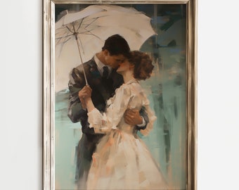 Puede incluir: Una pintura de una pareja besándose bajo una sombrilla blanca. El hombre lleva un traje oscuro y la mujer lleva un vestido blanco. El fondo es de un suave azul y verde.