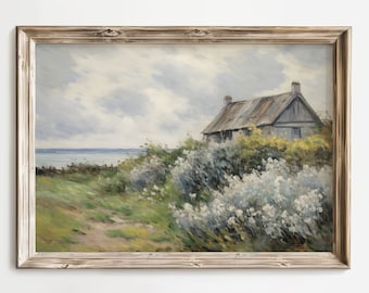Seaside Cottage Oil Painting, Rose Garden Digital Art, Rustic Cottage Wall Art Decor, Coastal Spring Digital Download, Vintage Muted Print