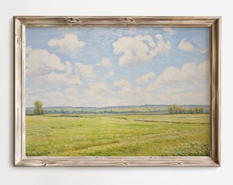 Groen landschap schilderij, lente landschap kunst aan de muur, blauwe lucht digitale print, afdrukbare digitale kunst, neutrale kleuren boerderij digitale print