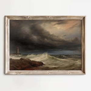 Moody Lighthouse Digital Print, Stormy Ocean Wall Art, Stormy Seascape, Waves Vintage Print, Lighthouse Printable, Cloudy Ocean Digital Art