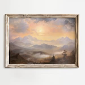 Rustic Mountain Painting, Vintage Mountains Landscape Digital Print, Antique Sunrise Wall Art, Neutral Sunset Decor, Cloudy Summer Landscape