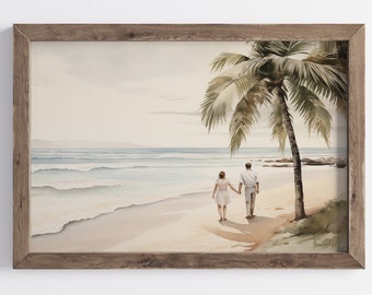 Neutral Romantic Beach Watercolor Print, Soft Coastal Tropical Landscape, Summer Wall Decor Digital Download, Soft Tone Seascape Printable