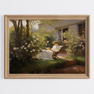 Impression imprimable roseraie de cottage, femme lisant de l'art numérique, décoration de fleurs printanières, peinture à l'huile de paysage d'été, art mural cottagecore