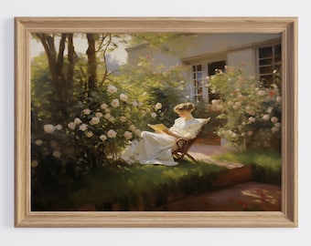 May include: A woman in a white dress sits in a wicker chair in a garden setting. She is reading a book and surrounded by lush greenery and white roses.