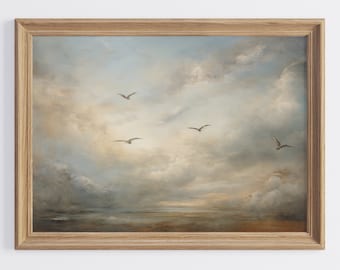 Neutral Sky Wall Art, Vintage Cloud Landscape Download, Cloudy Sky Wall Art, Bird in the Sky Digital Print, Flock of Birds Printable