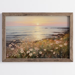 コテージコアの夏の夕日の海の壁アート、農家の日の出の花のプリント、ヴィンテージビーチの花のプリント、野生の花のフィールドの印刷可能な絵画