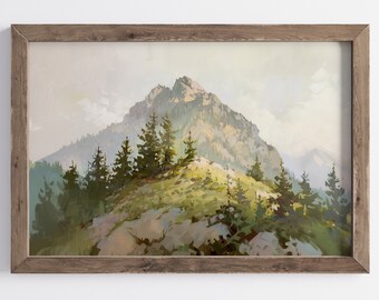 Rustic Mountain Landscape Digital Print, Vintage Neutral Downloadable Wall Decor, Tree Printable Oil Painting, Farmhouse Cabin Decoration