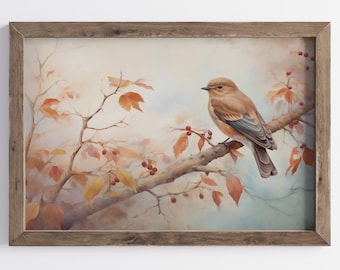 May include: A framed painting of a brown and blue bird perched on a branch with red berries and fall foliage.