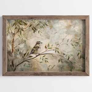 Vintage Spring Bird Wall Art, Rustic Summer Trees Digital Print, Neutral Farmhouse Flower Nature Decor, Cottagecore Easter Holiday Gift