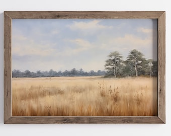Neutral Summer Landscape Printable Wall Art, Fall Grass Field Landscape Print, Country Oil Painting, Vintage Style Decor, Spring Print
