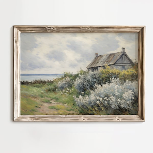 Seaside Cottage Oil Painting, Rose Garden Digital Art, Rustic Cottage Wall Art Decor, Coastal Spring Digital Download, Vintage Muted Print