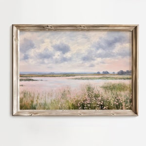 Neutral Countryside Marsh Painting, Spring Landscape Wall Art, Summer Farm Digital Print, Printable Digital Art, Vintage Pink Flowers Art