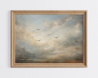 Neutral Sky Wall Art, Vintage Cloud Landscape Download, Cloudy Sky Wall Art, Bird in the Sky Digital Print, Flock of Birds Printable