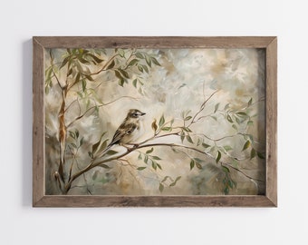 Vintage Spring Bird Wall Art, Rustic Summer Trees Digital Print, Neutral Farmhouse Flower Nature Decor, Cottagecore Easter Holiday Gift