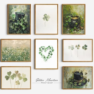 May include: A set of nine printable art prints featuring various illustrations of shamrocks and clovers. The prints are framed in a rustic wood frame and feature a variety of green shades.