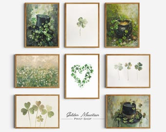 May include: A set of nine printable art prints featuring various illustrations of shamrocks and clovers. The prints are framed in a rustic wood frame and feature a variety of green shades.