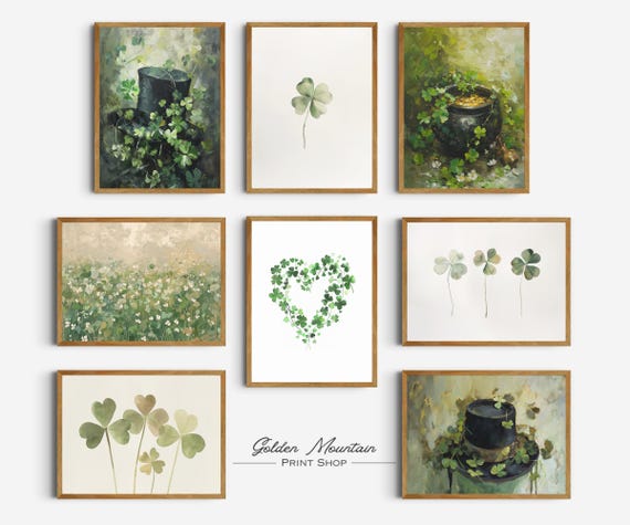 Printable St. Patrick's Day Set of 8 Prints, Spring Green Wall Decor, St. Shamrock Wall Art, Saint Patrick Day Landscape Painting Wall Art