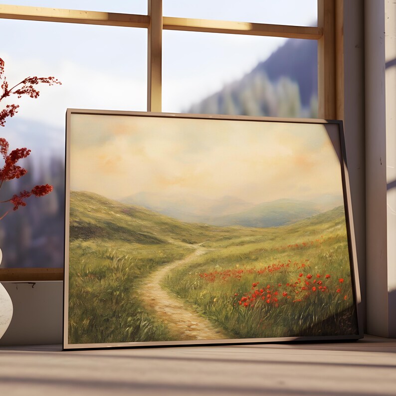 Printable Red Spring Landscape, Vintage Wildflower Field Painting ...