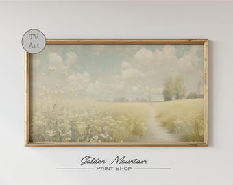 Art de la télévision fleurs sauvages printanières de mauvaise humeur, paysage neutre, art de la télévision fleur de la ferme, art de la télévision cadre printanier vintage, art de la télévision de printemps Art floral de Pâques pour la télévision