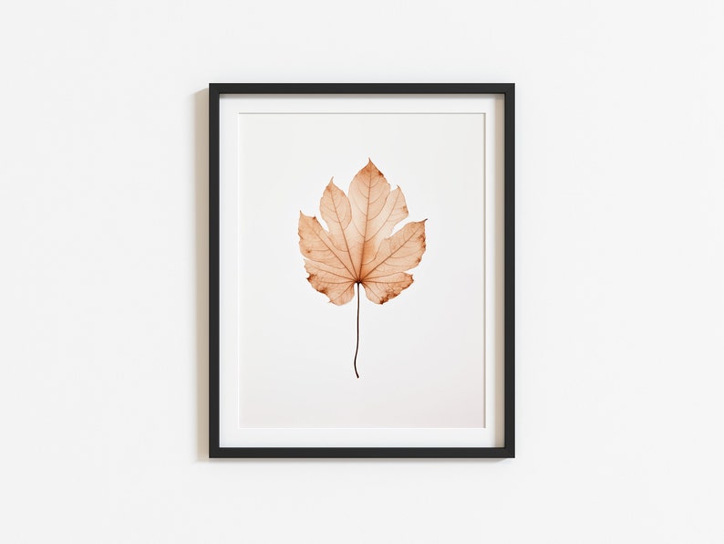 May include: A framed print featuring a single, detailed leaf in shades of tan and brown. The leaf is centered on a white background, encased in a black frame. The artwork evokes a sense of nature and botanical themes.