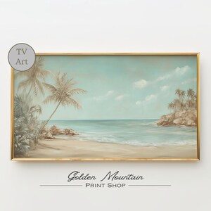 Vintage Beach Tropical Oil Painting Frame TV Art, Neutral Summer Sea Wall Art, Beach House Landscape Frame TV Art, Coastal Ocean Wall Art